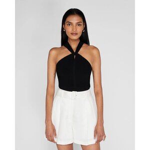 Club Monaco Raeni Solid Black Ribbed Knit Halter Top With Tie Back Closure Size